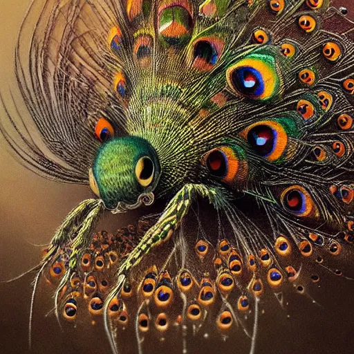 Prompt: intricate stunning highly detailed illustration of a peacock spider, maratus, salticidae, 🌱, by agostino arrivabene and vladimir kush, digital painting, ultra realistic, dramatic lighting, thick black swirling smoke tornado, artstation