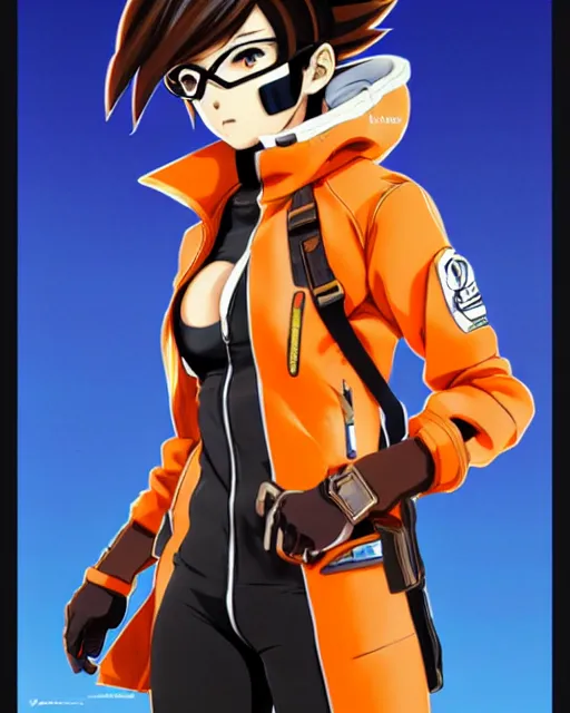 Image similar to Anime as Tracer Overwatch wearing brown-leather-coat; in snowboard orange-mask || cute-fine-face, pretty face, realistic shaded Perfect face, fine details. Anime. realistic shaded lighting poster by Ilya Kuvshinov katsuhiro otomo ghost-in-the-shell, magali villeneuve, artgerm, Jeremy Lipkin and Michael Garmash and Rob Rey as Overwatch Tracer cute smile