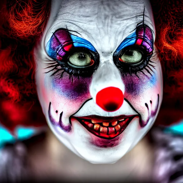 Image similar to photo of a beautiful creepy female clown, highly detailed, 8 k, hdr, close up, smooth, sharp focus, high resolution, award - winning photo