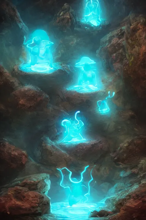 Prompt: bioluminescent etheral water elementals nesting in a rock pool, fairy stone cave, low angle, artstation, 8 k