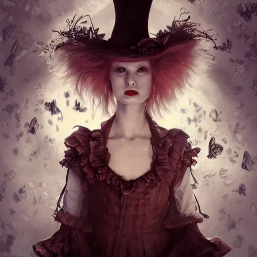 Image similar to Alice in Wonderland at the Dark Carnival, highly detailed, artstation, intricate, smooth, sharp focus, dark, horror, illustration, art by greg rutkowski and Yuumei, good clear quality, lighting, biology, symmetrical artwork, perfect face, 135 mm, cinematic, hyper realism, high detail, octane render, 8k, crimson highlights