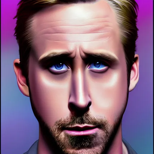 Image similar to ryan gosling, surprised, mouth open, gay, pink lighting ultra realistic photorealistic highly detailed high quality, a stunningly, digital painting, artstation, concept art, smooth, sharp focus, illustration, art by artgerm and greg rutkowski and alphonse mucha 8 k