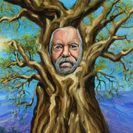 Image similar to A painting of an oak tree, with the face of an old bearded man, close up portrait of a human face in a tree