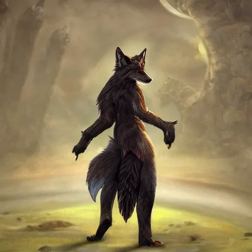 Prompt: fantasy art of a noble werefox walking upright and looking over his shoulder, photorealistic