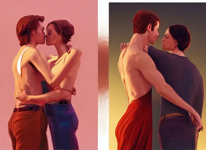 Image similar to couple, man and woman in pose of couple vol 2 photo reference pack for artists, spirit hugs, gold trim, atmoshperic, elegant, sharp focus, red sun, huge lips, poses by satine zillah, environment by hw 6 5 2 3, art by ilya ozornin, artstation, intricate details, concept art