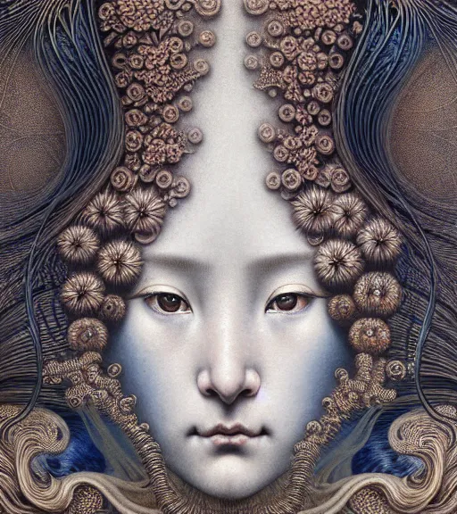 Image similar to detailed realistic beautiful geisha face portrait by jean delville, gustave dore, iris van herpen and marco mazzoni, art forms of nature by ernst haeckel, art nouveau, symbolist, visionary, gothic, neo - gothic, pre - raphaelite, fractal lace, intricate alien botanicals, ai biodiversity, surreality, hyperdetailed ultrasharp octane render