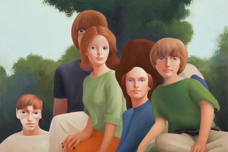 Image similar to beautiful painting of friends, beautiful faces, sitting on the edge, cute, soft light, digital painting by diane arbus and ralph mcquarrie and harry bertoia and carle eric