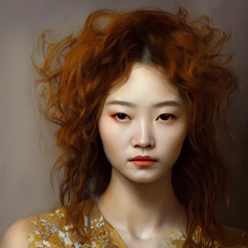 Image similar to high quality portrait painting of woman by Fenghua Zhong and Gustav Klimt, stunning, detailing, artstation trending, perfect lighting, golden hour, elegant, delicate, master work, face detailing