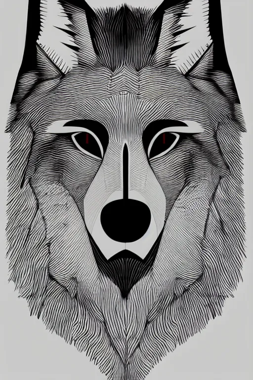 Prompt: Portrait of a wolf head. Geometrical, symmetrical, brutalist, cement, psychedelic colors, trending on artstation