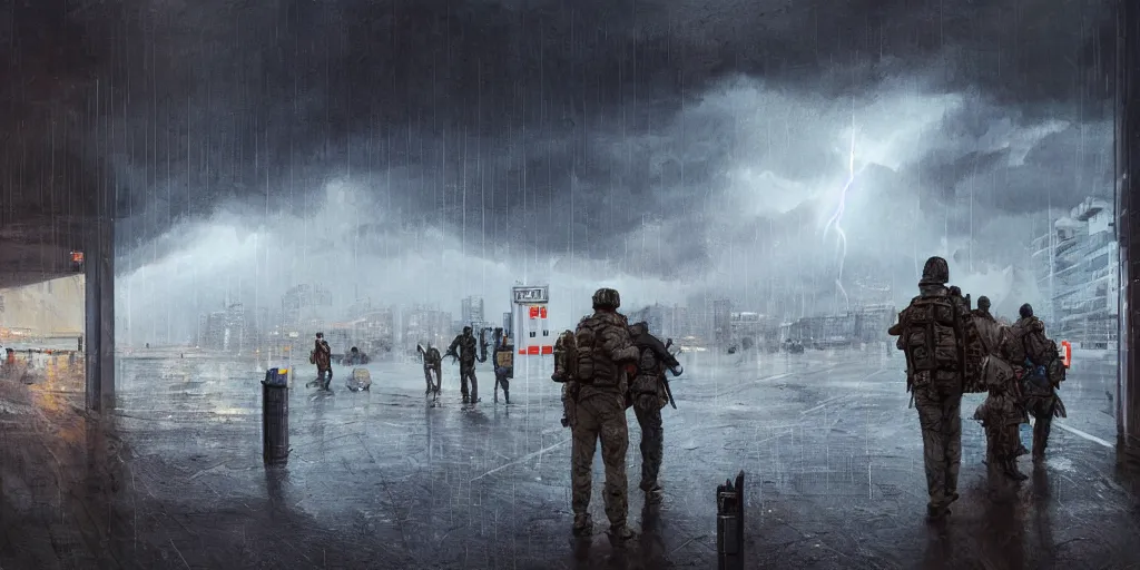 Prompt: private military company operatives standing outside immigration check point with severe weather storms behind, hong kong, cinematic, realistic, detailed, intricate, digital art, ambient lighting, by jordan grimmer, industrial art style, 3 5 mm film grain, artstation