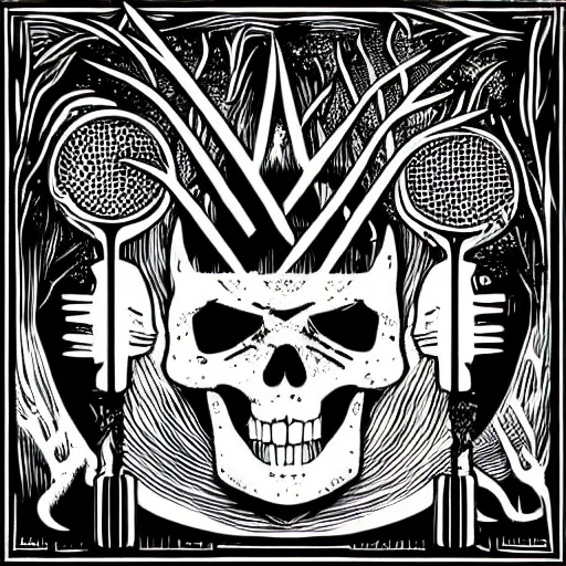 Image similar to dark death metal themed vector illustration for a record label, trees. forest, spikes, skull, microphone, skull, award winning, grunge, iconic, golden ratio