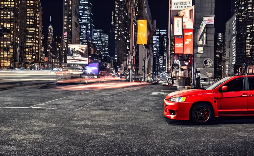 Prompt: Mitsubishi Lancer Evo in downtown New York City at night, highly detailed, 4k photo, DSLR,