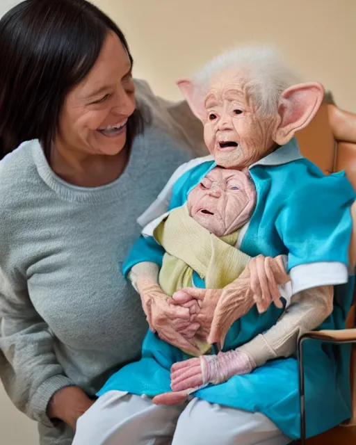 Image similar to stock photos of baby yoda visiting elderly people at a nursing home, hyperreal