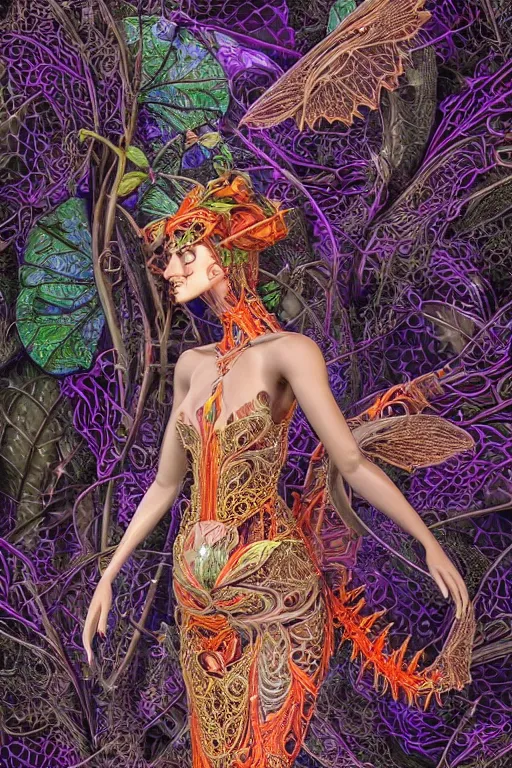 Prompt: cinema 4d colorful render, organic, dark scene, ultra detailed, of beautiful arabic princess in a dress, biomechanical, analog, macro lens, hard light, big leaves and large orange Dragonflies, stems, roots, fine foliage lace, black details, high fashion haute couture, art nouveau fashion embroidered, intricate details, mesh wire, mandelbrot fractal, anatomical, facial muscles, cable wires, elegant, hyper realistic, ultra detailed ,HR giger, prometheus alien Engineering