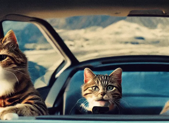 Image similar to A very high resolution image from a new movie, a cat driving a car around, inside of a car , mountains, Polaroid, directed by wes anderson