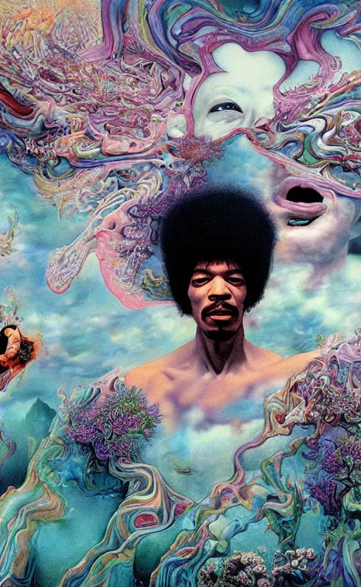 Image similar to ultrawide angle colour masterpiece surreal closeup portrait photography of jimi hendrix playing on stage by miho hirano and annie leibovitz and michael cheval, weird surreal epic psychedelic complex biomorphic 3 d fractal landscape in background by kilian eng and roger dean and salvador dali and beksinski, 8 k