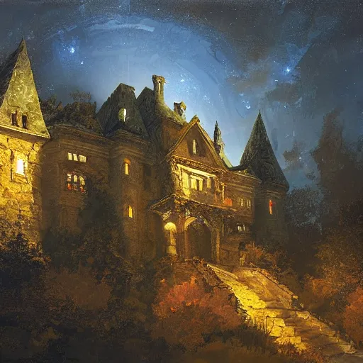 Image similar to a renaissance castle in a forest with a glowing night sky, upward angle, by craig mullins