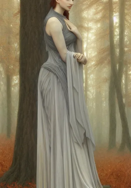 Prompt: portrait of sansa stark in gray dress, foggy forest, autumn, intricate, elegant, highly detailed, digital painting, artstation, concept art, smooth, sharp focus, illustration, art by artgerm and greg rutkowski and alphonse mucha and william - adolphe bouguereau