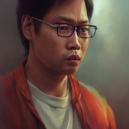 Image similar to hyper realistic, portrait of filipino ( dwight shrute ), painted by greg rutkowski, wlop, loish,