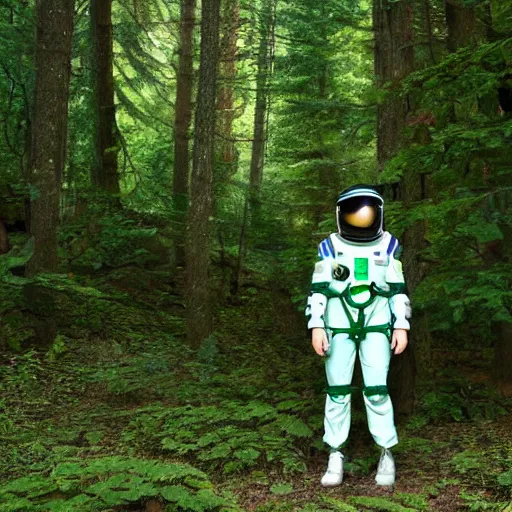 Image similar to a female space scout wearing a green uniform with white armor exploring a forest planet