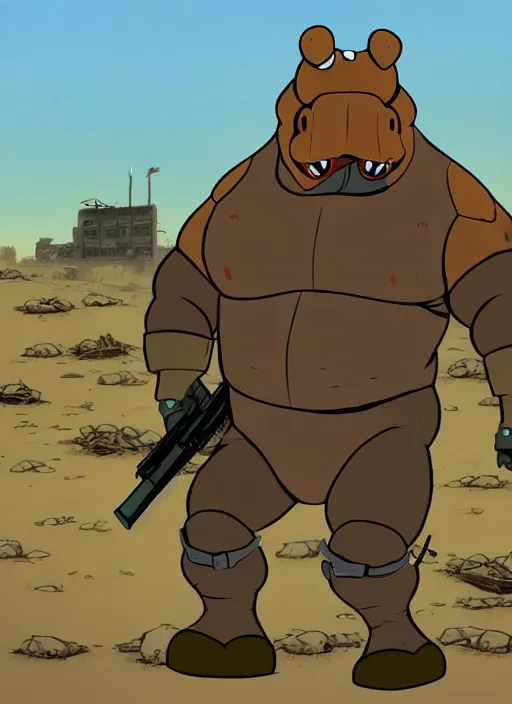 Image similar to an anthropomorphic hippopotamus dressed as solid snake, in a post-apocalyptic wasteland, illustration in the style of Don Bluth, ralph bakshi, Peter Laird, Jamie Hewlett