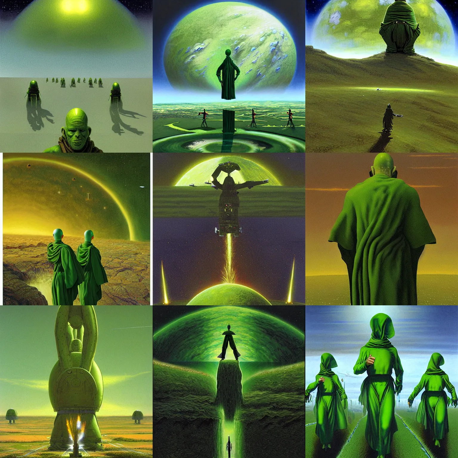 Prompt: peter elson painting of a green monks invading earth highly detailed, digital painting, sharp focus,