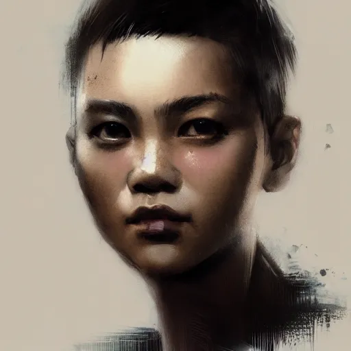 Prompt: portrait of a filipino girl with short hair, men's haircut, dramatic lighting, illustration by greg rutkowski, yoji shinkawa, 4 k, digital art, concept art, trending on artstation