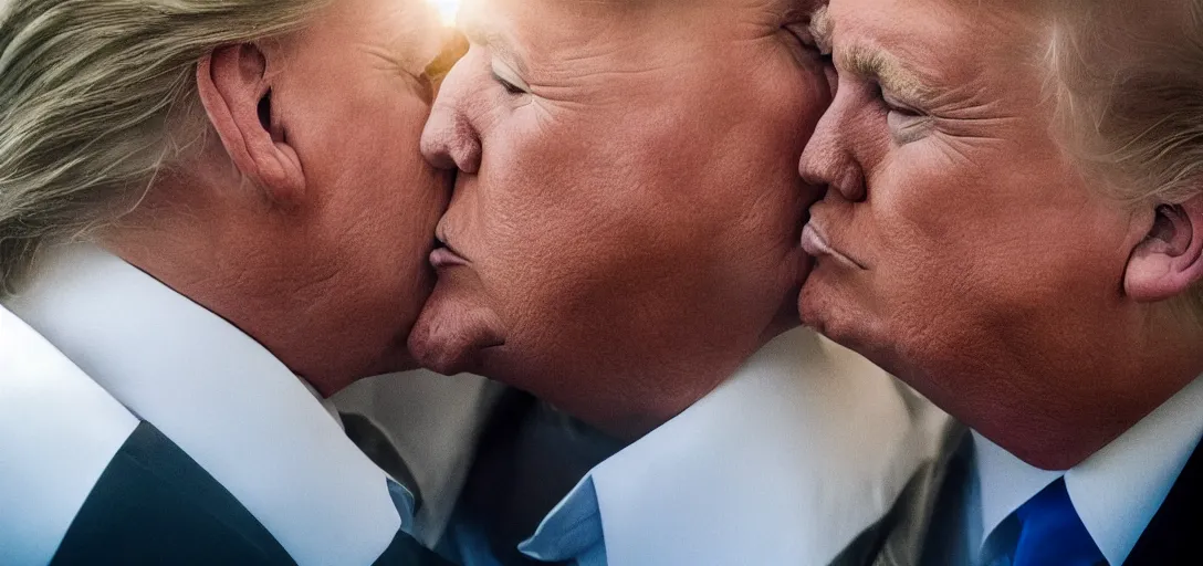 Image similar to beautiful high quality romantic portrait photo of donald trump kissing donald trump. hq. hdr. golden hour. donald trump and donald trump kissing on the lips. very high resolution. amazing lighting.