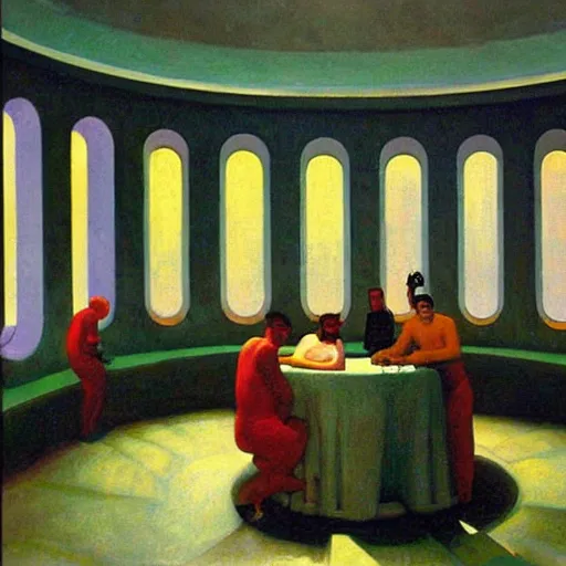 Image similar to three brutalist robotic seers watchers oracles soothsayers inside a dome, pj crook, grant wood, edward hopper, syd mead, oil on canvas