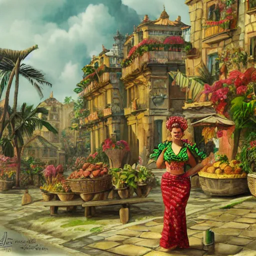 Prompt: carmen miranda, a detailed matte painting by anton pieck, deviantart contest winner, concept art, official art, matte drawing