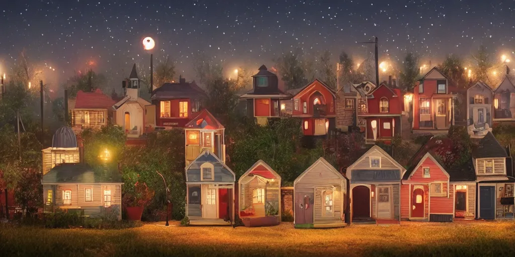 Image similar to small suburban houses in America at night by Wes Anderson, fantasy, imagination, cinematic