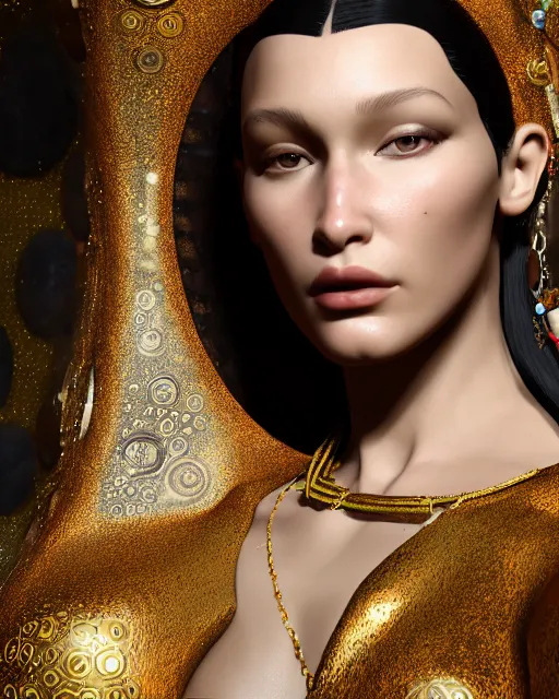 Image similar to a highly detailed metahuman 8 k close up render of bella hadid in gustav klimt style trending on artstation made in unreal engine 4