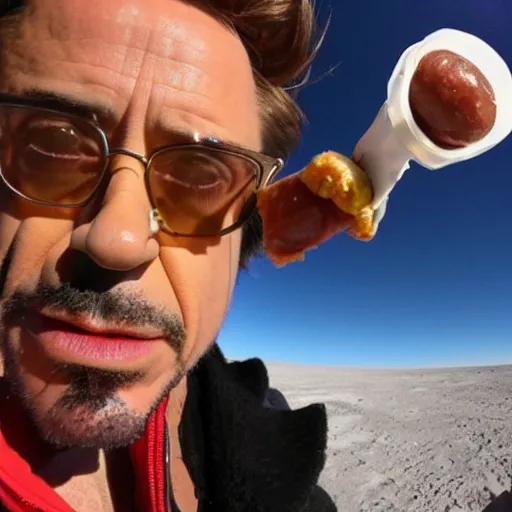 Image similar to robert downey jr eating a delicious hot dog on the surface of the moon, taken with a selfie stick, fisheye lens