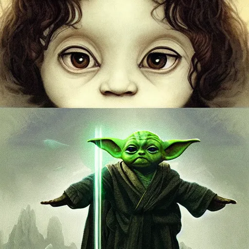 Image similar to baby yoda in the role of frodo from lord of the ring, film still, intricate, elegant, highly detailed, digital painting, artstation, concept art, smooth, sharp focus, illustration, art by artgerm and greg rutkowski and alphonse mucha and william - adolphe bouguereau