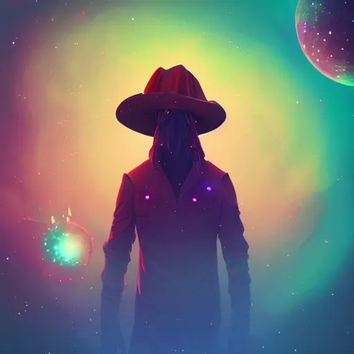 Prompt: a bard wearing a cavelier hat by beeple, cosmic nebulae, trending on artstation, bokeh, dark rainbow, black rainbow opal, cgsociety