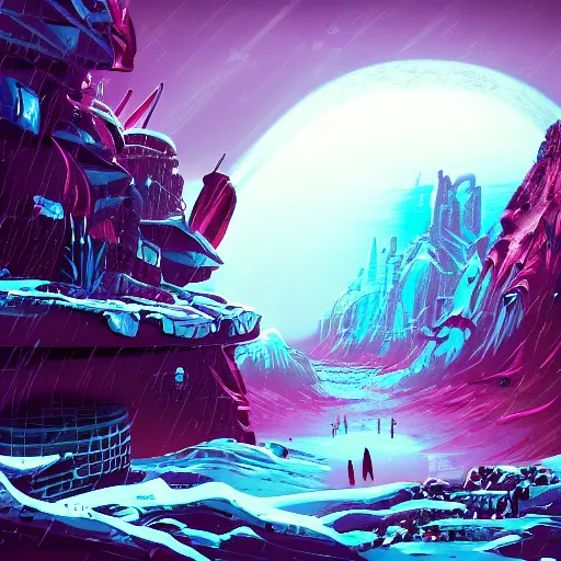 Prompt: mystic winter sci - fi monstercore landscape, cyberpunk atmosphere, vibrant colors