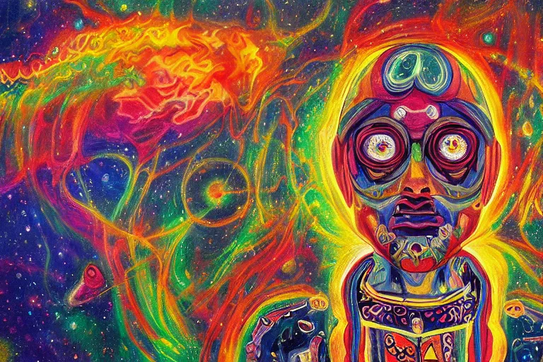 Image similar to high detailed painting of a psychedelic android in a mystic spiritual world, the war of spirits in the cosmos