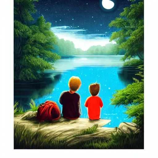 Image similar to a silver dragon and a boy sitting together next to a lake watching firefly, night, forest