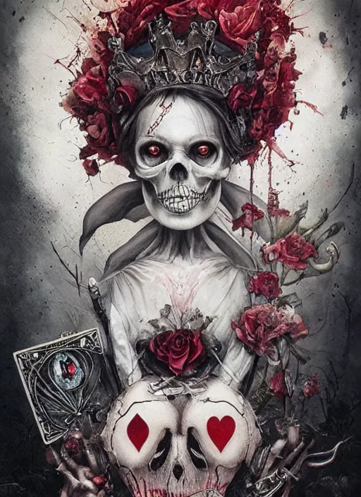 Image similar to Grumpy Queen of Hearts with White Rabbit, Death Tarot card,highly detailed,half skull face,cinematic,8k,by Stanley Artgermm,Tom Bagshaw,Greg Rutkowski,Carne Griffiths, Ayami Kojima, Beksinski, Giger,trending on DeviantArt,hyper detailed,horror, full of colour