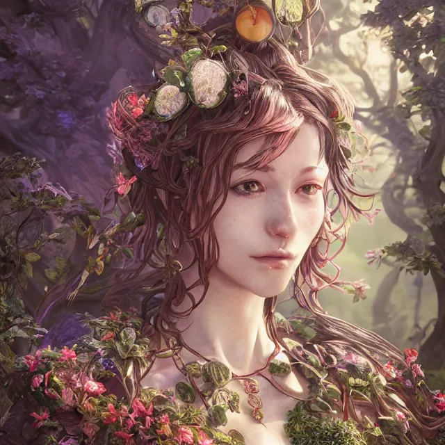 Prompt: the portrait of chaotic good female druid botanist as absurdly beautiful, gorgeous, elegant, young gravure idol, an ultrafine hyperdetailed illustration by irakli nadar, intricate linework, sharp focus, bright colors, octopath traveler, final fantasy, unreal engine 5 highly rendered, global illumination, radiant light, detailed and intricate environment