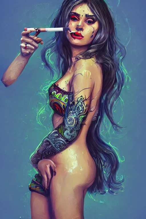 Image similar to full body painting of a girl smoking a cigarette and holding a pistol, cute face, intricate, highly detailed, digital painting, official media, concept art, rich vivid colors, ambient lighting, sharp focus, illustration