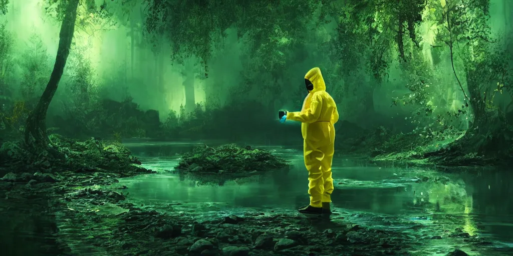 Image similar to a man in a yellow hazmat suit pours glowing green liquid into a magical river and stands in a detailed forest, painting, concept - art!!, rendering, octane, redshift, cinematic composition, volumetric lighting