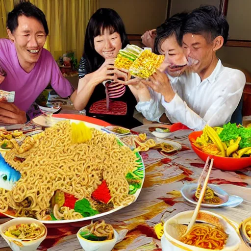 Image similar to a group of komodos dragons having a feast consisting of only indomie instant noodles on a fancy dining table, cartoon style