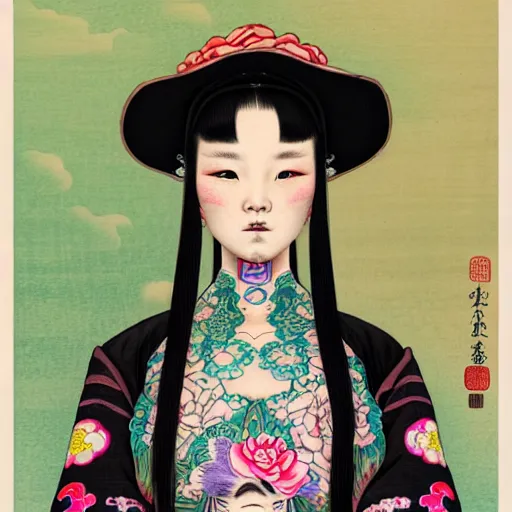 Image similar to full view of a girl from the qing dynasty with tattoos, wearing an american cowboy hat from the old west, style of yoshii chie and hikari shimoda and martine johanna, highly detailed