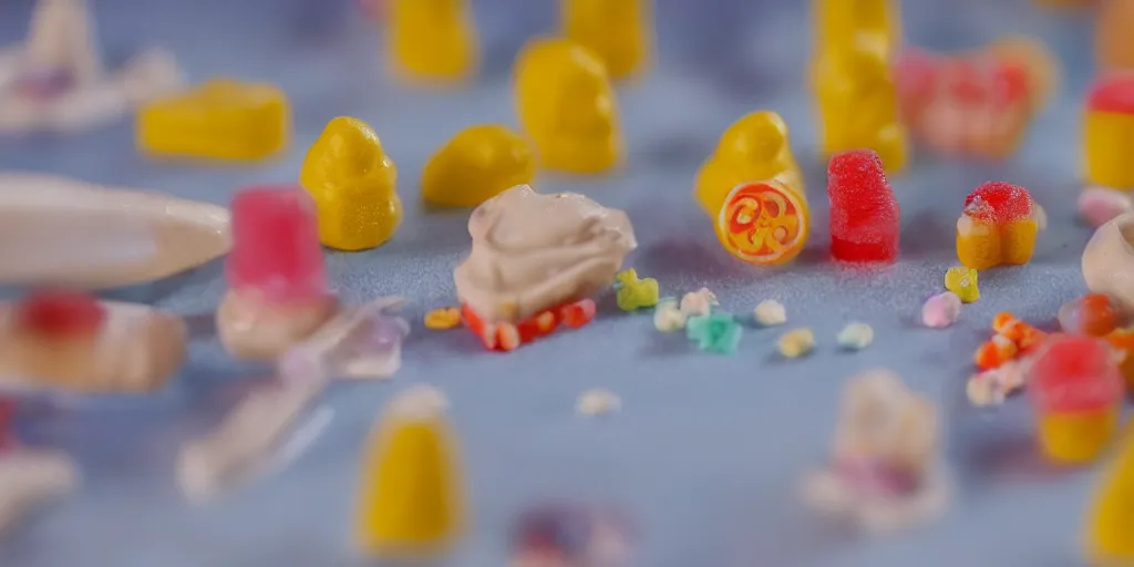 Image similar to a cinematic film still of a claymation stop motion film about a town made of lemons and candy, shallow depth of field, 8 0 mm, f 1. 8