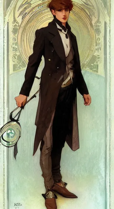 Image similar to Pretty catboy in his twenties wearing fancy clothes. Beautiful digital art by Greg Rutkowski and Alphonse Mucha