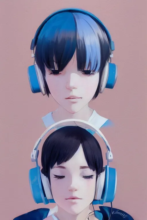 Prompt: a cute young woman listening to music with her eyes closed and wearing headphones in the style of Ilya Kuvshinov and Range Murata, white bob cut hair, freckles, blue filter, blue and white, vivid colors, soft lighting, cinematic, moody, oil on canvas by Krenz Cushart, 8k