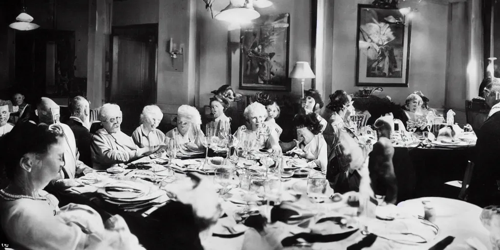 Image similar to detailed sharp photograph in the style of popular science circa 1 9 5 5 and gregory crewdson of a 1 9 5 0 s of an elderly woman wearing a mink stole and pearls with a white bouffant hairdo sitting at a banquet table. 7 5 mm lens