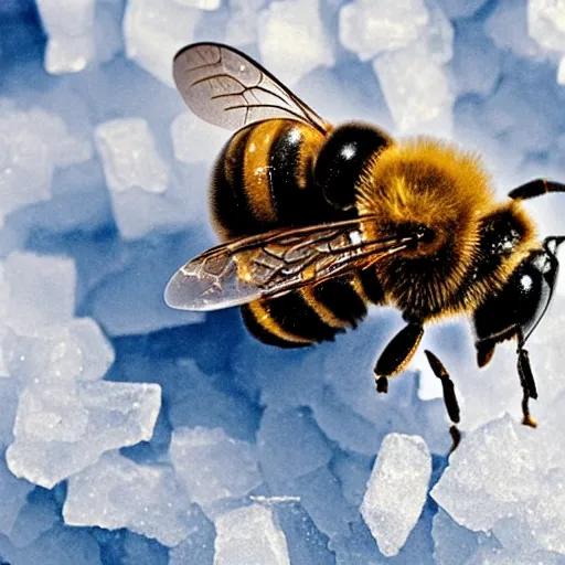 Prompt: a bee fossilized in ice