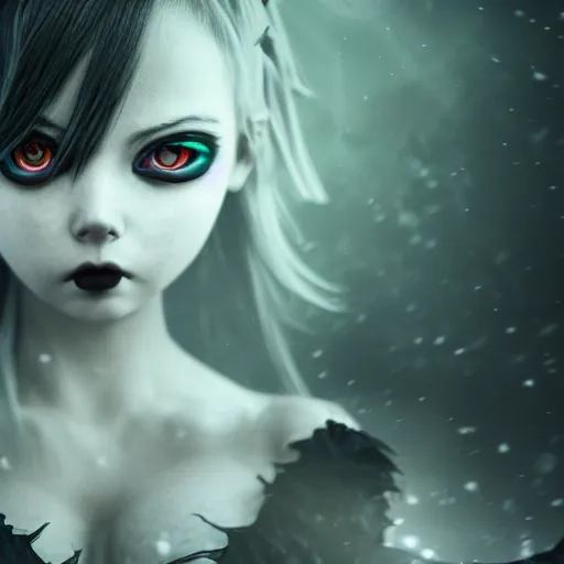 Image similar to full shot portrait of angry darkness anime girl at moonlight, gothic wearing, worrying eyes, inspired by Tim Burton, detailed, unreal engine 4k volumetric light, fog,